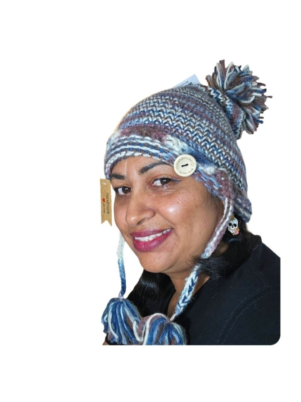 Hand Crafted Winter Hat Handmade knitted pom pom beanie multicolored crochet cap